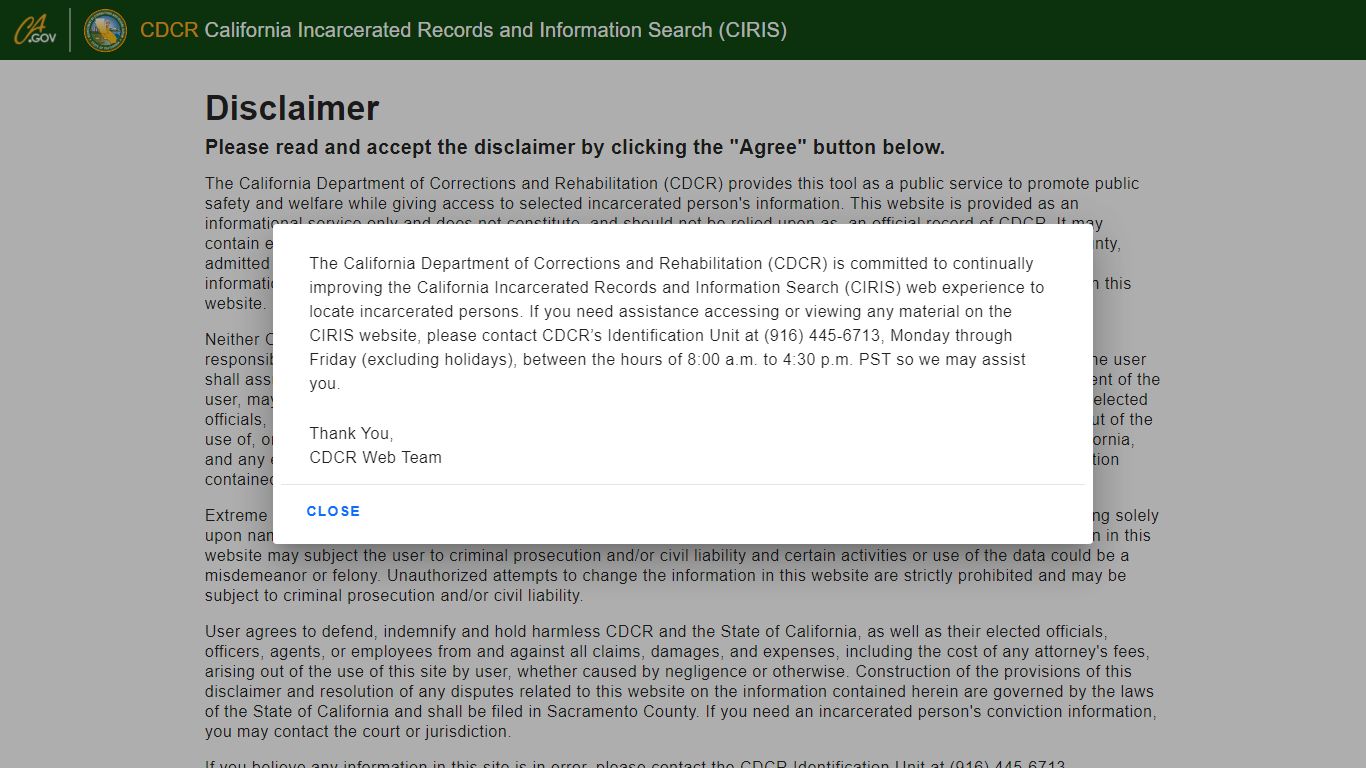 CDCR Public Inmate Locator Disclaimer - CDCR - CIRIS